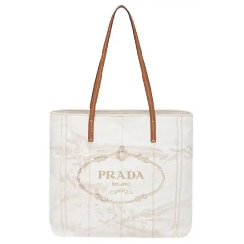 PRADA Linen Blend With Leather Tote Bag, Shopping Bag, Handbag Small Women's Beige/Brandy