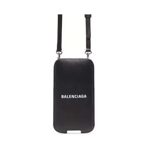 Balenciaga Calfskin Lanyard Card Holder Card Holder Unisex Black