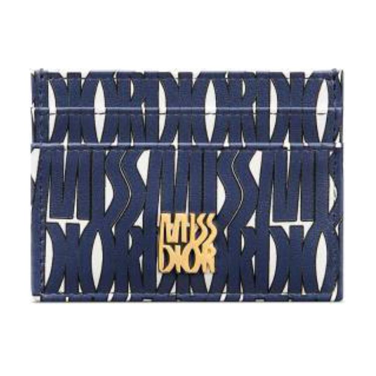 DIOR Dior Miss Dior all over print vintage gold metal brand logo calfskin card holder women's white with blue