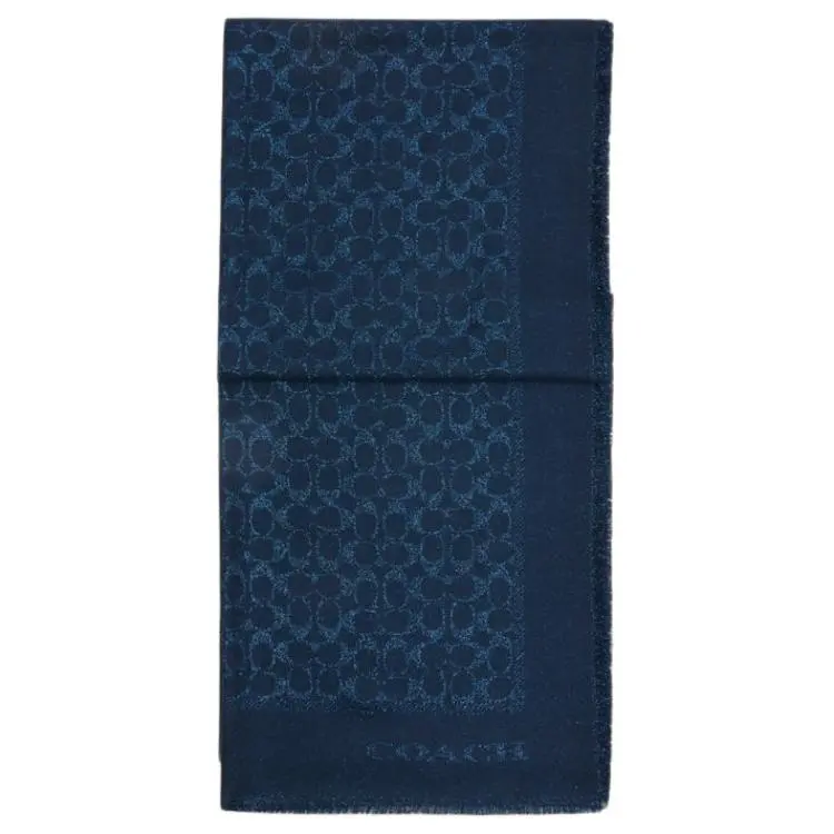 COACH Sheep Wool, Viscose, Polyester, Metal Coated Fiber Knit Scarves Unisex Blue