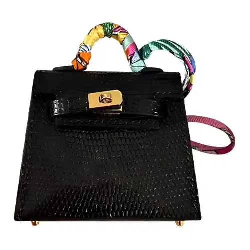 HERMES Kelly Twilly Gold tone Lock Lizard Skin Pendant Charm Bag Holder Women's Black