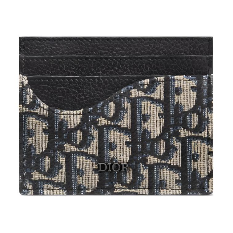 DIOR Saddle Oblique Jacquard Fabric With Grain Calfskin Card Holder Men's Black/Beige