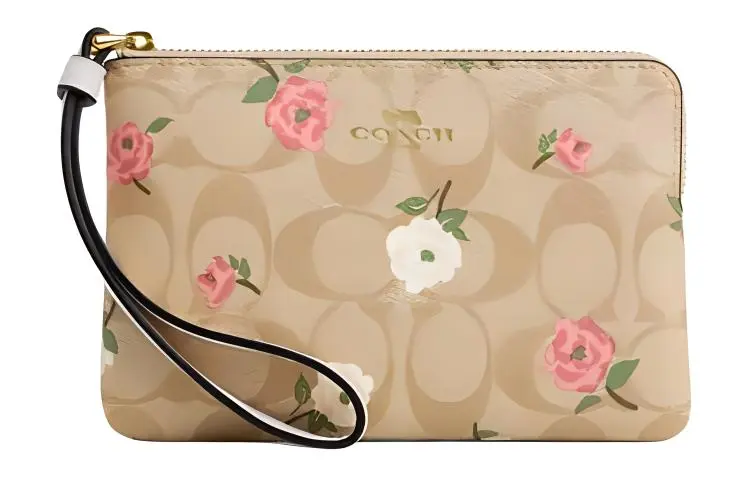 COACH Corner Zip Coated Canvas With Leather Clutches Small Women's Gold & Light Khaki & Chalk Multicolor