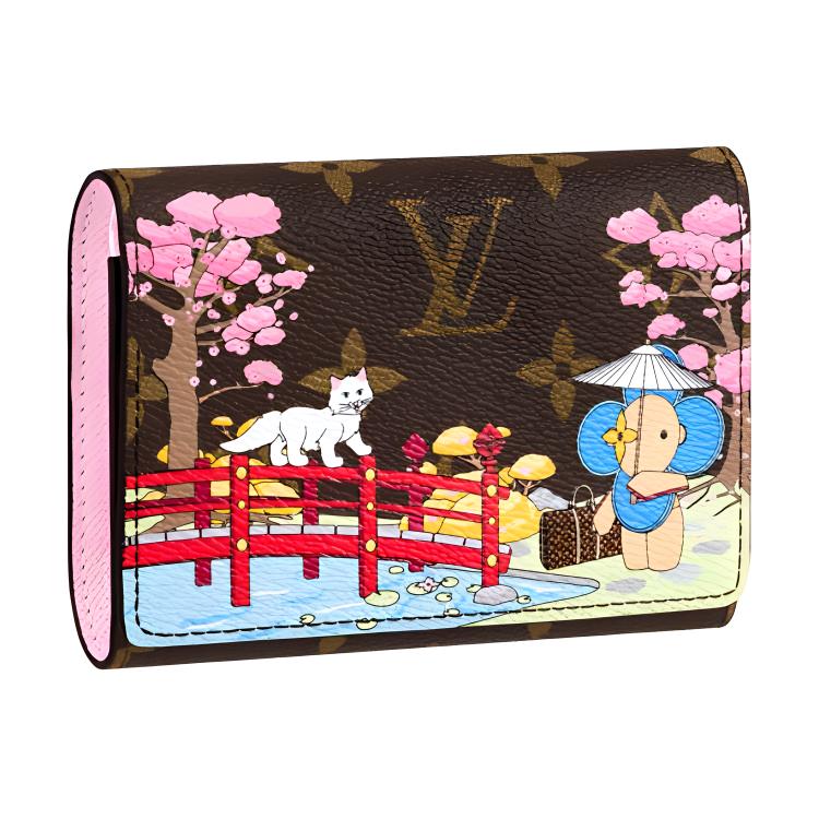 LOUIS VUITTON Victorine Japanese Garden Presbyopia Cat Sakura Graffiti Canvas Victoria Wallet Card Holder Women's Brown