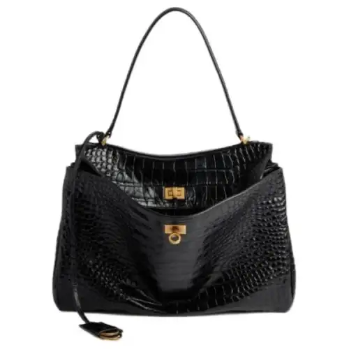 Balenciaga Crocodile Embossed Calfskin One Shoulder Handbag Medium Women's Black