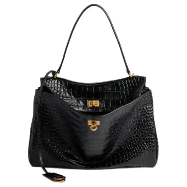 Balenciaga Crocodile Embossed Calfskin One Shoulder Handbag Medium Women's Black