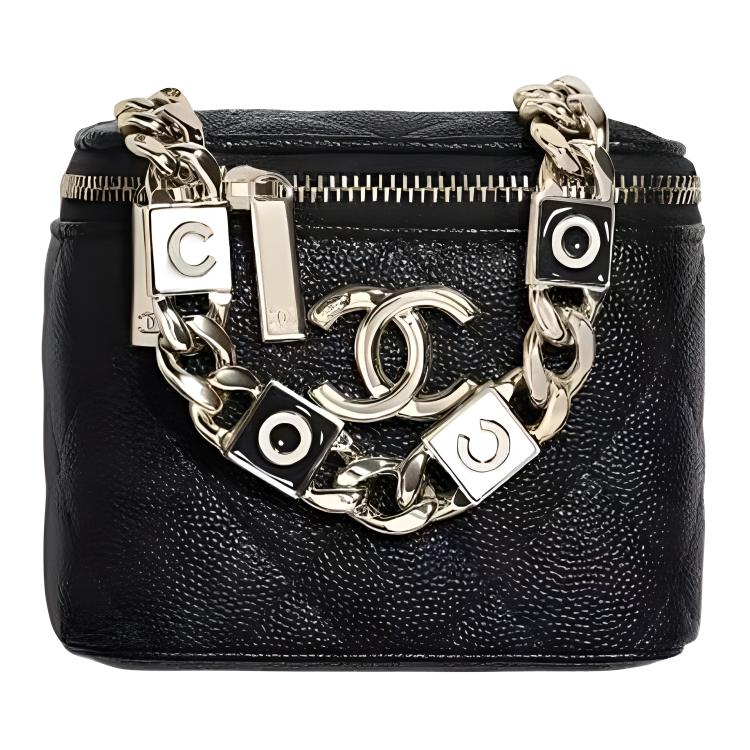 CHANEL Grain Embossed Shiny Caviar Calfskin Makeup Bag One Shoulder Crossbody Clutch Small Women's Black