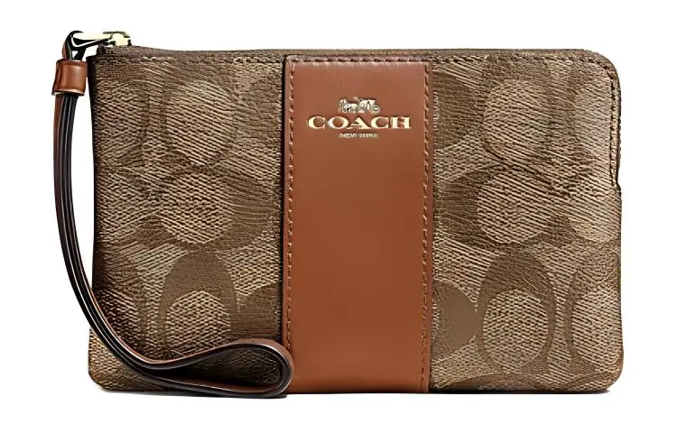COACH Corner ZipWristlet Artificial Leather Clutches Small Women's Khaki & Saddle Brown