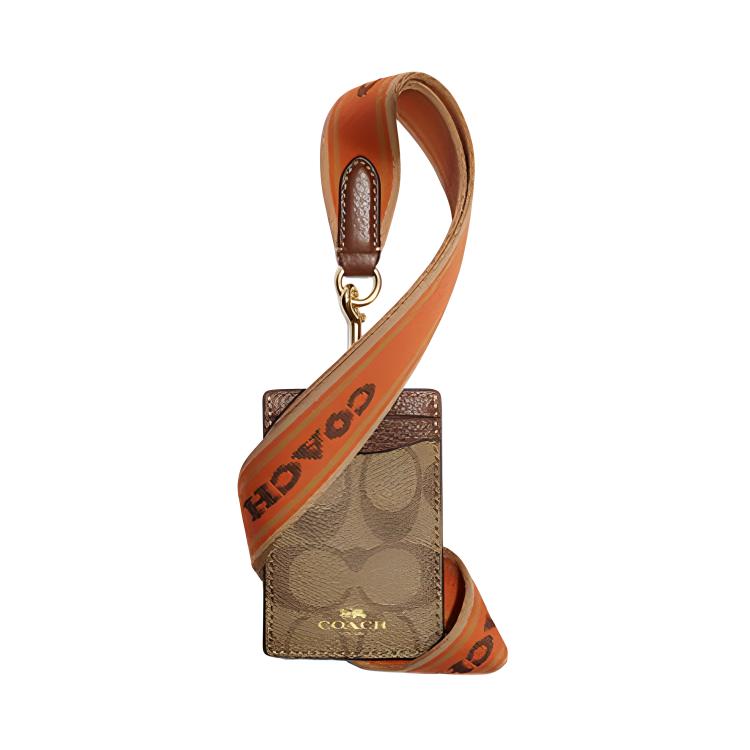 COACH Lanyard Pebbled Leather With Coated Canvas Lanyard Card Holder Card Holder Small Women's Brown