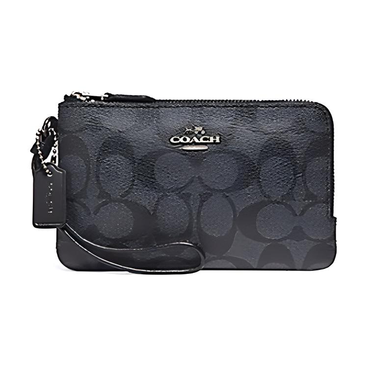 COACH Coach Corner Zip Double Layer Presbyopia Double Zipper Canvas with Cowhide Wrist Bag Clutch Bag Mahjong Bag Wallet Women's Gunmetal Gray