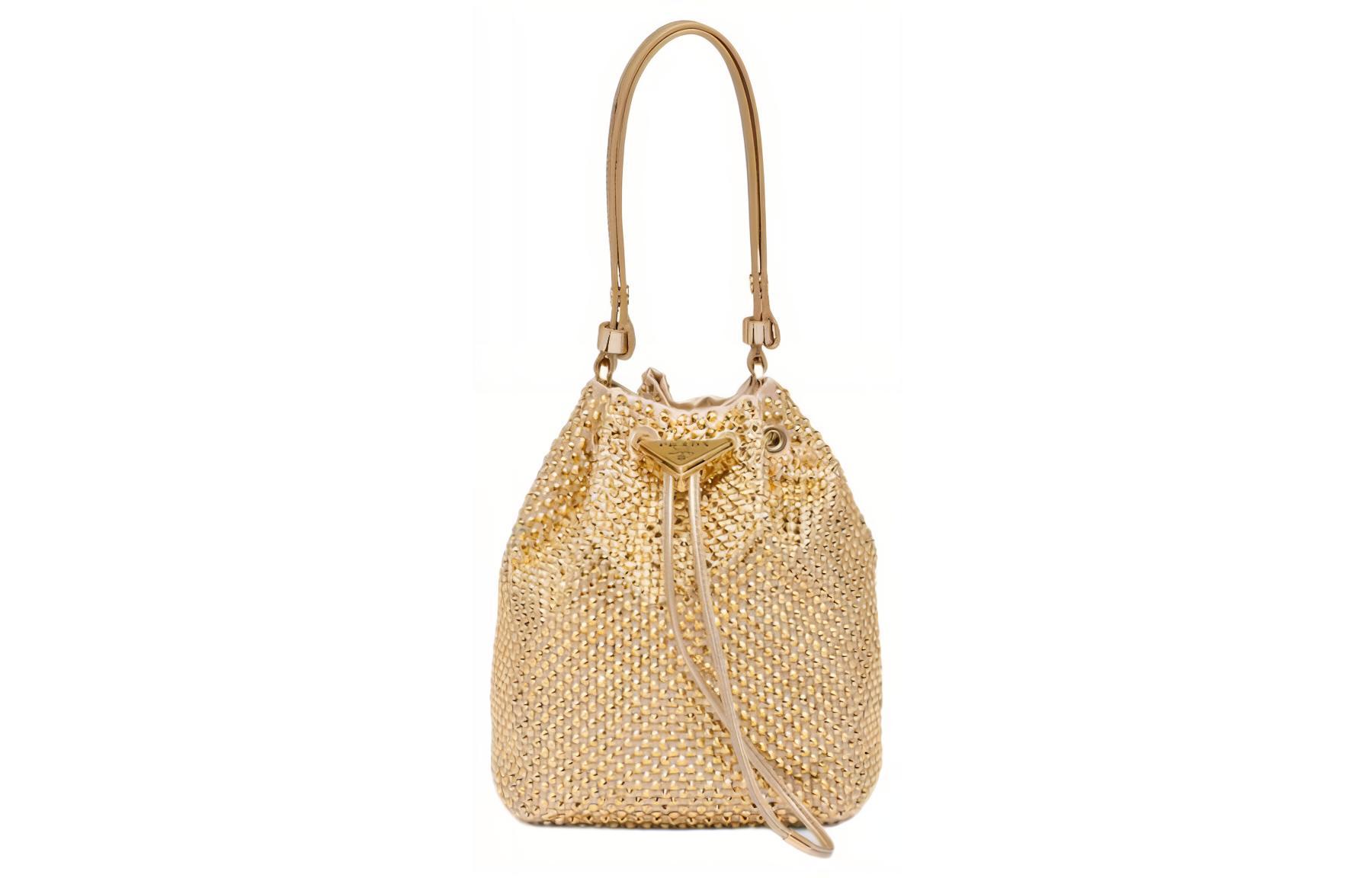 PRADA Crystal Decoration Satin Fabric Bucket Bag, Shoulder Bag, Crossbody Bag, Handbag Mini Women's Platinum
