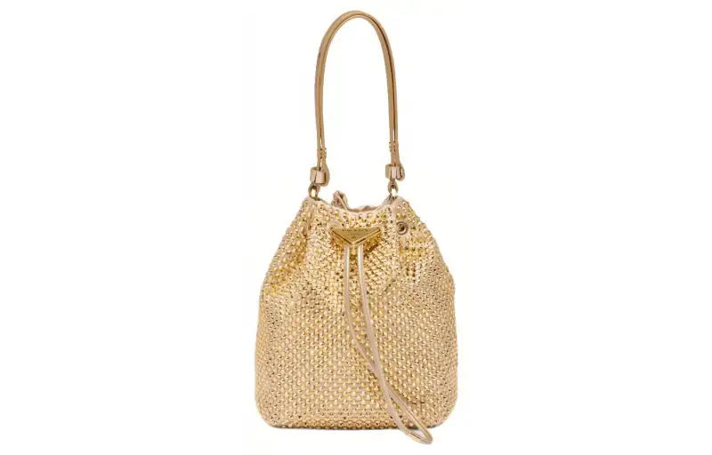 PRADA Crystal Decoration Satin Fabric Bucket Bag, Shoulder Bag, Crossbody Bag, Handbag Mini Women's Platinum