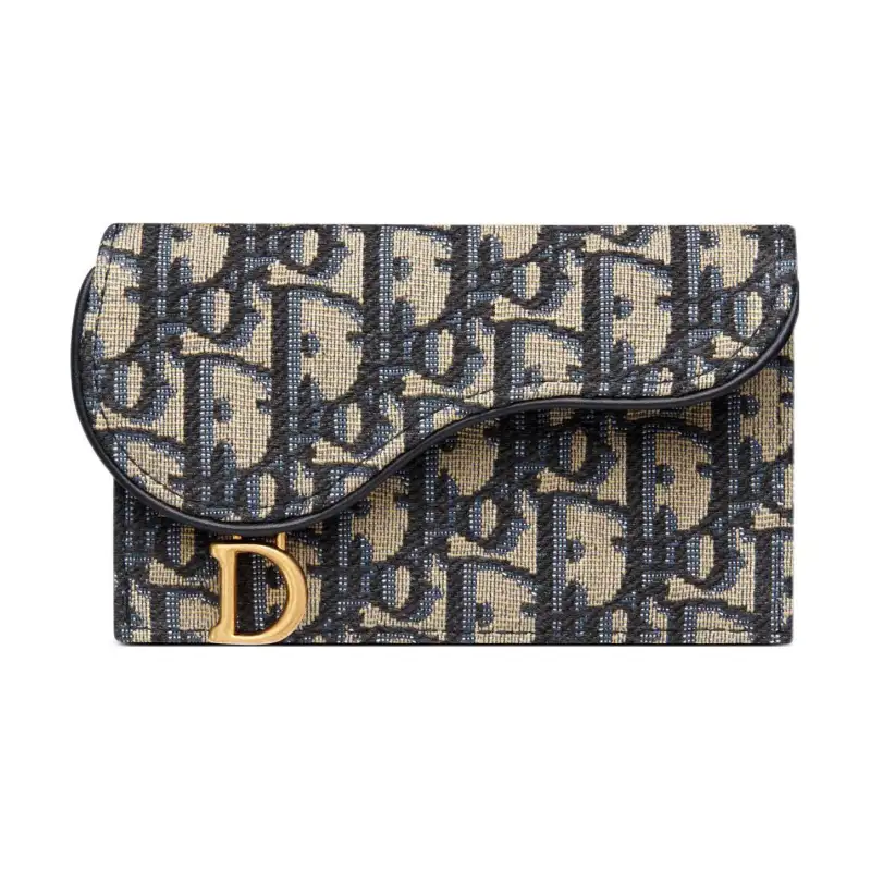 DIOR Saddle Jacquard Fabric Card Holder Women's Blue/Beige