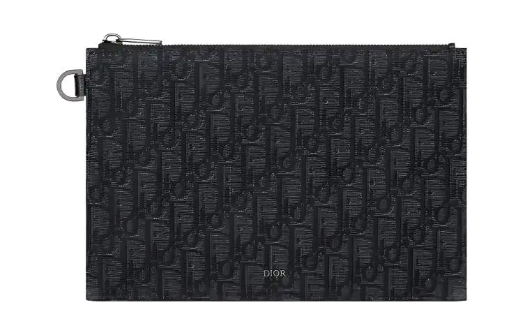 DIOR Oblique Printed Fabric With Grain Cow Leather Clutch Men's Black
