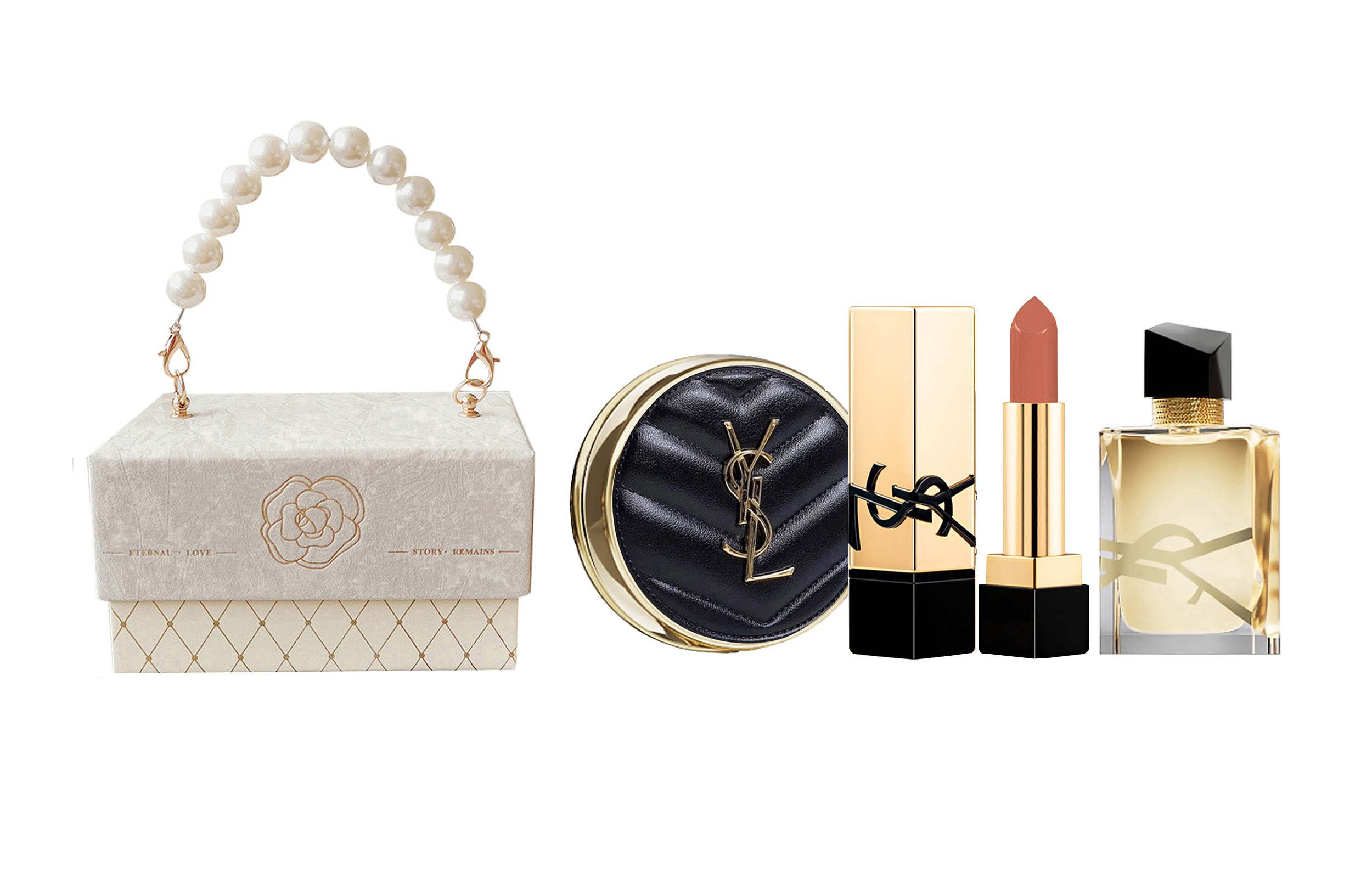 YSL, makeup primer, set pearl, gift box, soft heel, lipstick, perfume, sample, Chanel style, 3 piece set, sun protection, square tube, Birthday gift