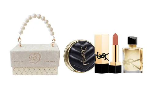 YSL, makeup primer, set pearl, gift box, soft heel, lipstick, perfume, sample, Chanel style, 3 piece set, sun protection, square tube, Birthday gift