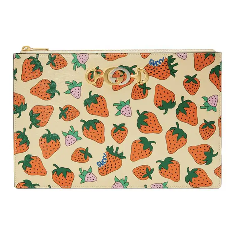 GUCCI Zumi Leather Document Bag Clutch Women's Beige/Orange Red