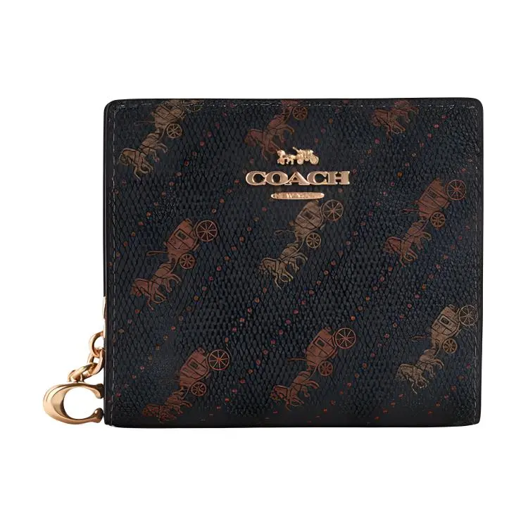 COACH Snap Wallet Coated Canvas With Smooth Leather Card Holder, Wallet Small Women's Brown Black