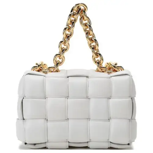 Bottega Veneta Chain Cassette Padded Intreccio Shoulder Bag Chalk