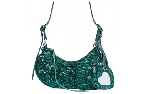 Balenciaga Le Cagole Shoulder Bag Xs Green Suede With Rhinestones