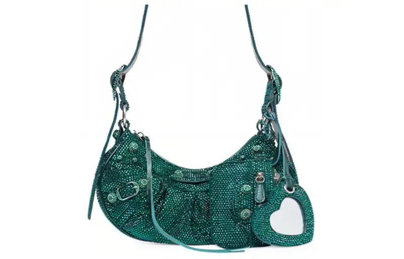 Balenciaga Le Cagole Shoulder Bag Xs Green Suede With Rhinestones