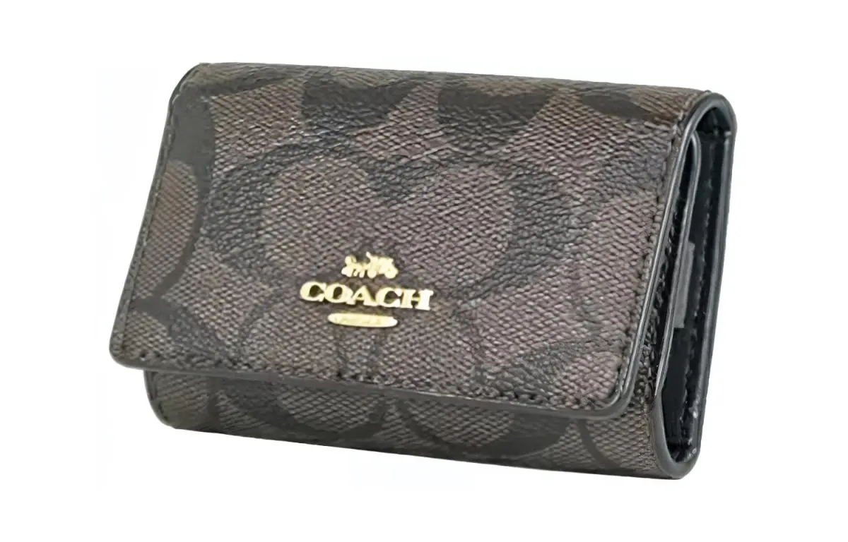 COACH Key Case Coated Canvas With Leather Key Pouch Women's Black Brown