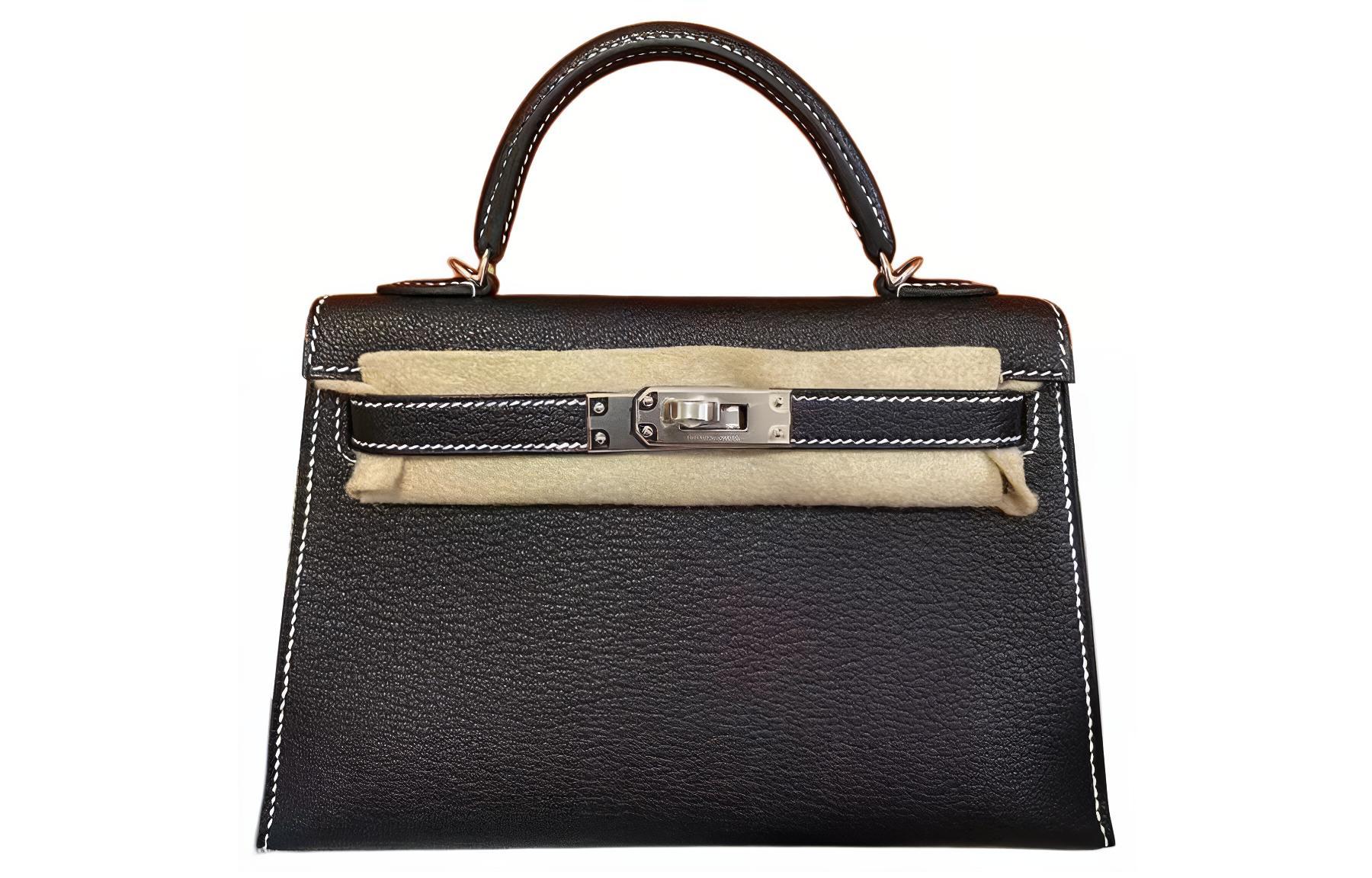 HERMES Hermès Mini Kelly second generation, custom horseshoe engraving, silver buckle, white reverse stitching inside, pearl gray, goatskin Kelly bag, one-shoulder cross-body handbag, women's black