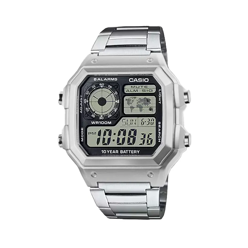 CASIO Custom Collection AE 1200WHD 1A Electronic Movement Metal Strap Watch Unisex Black Dial