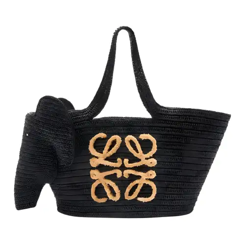 LOEWE Basket Raffia Fiber Cow Leather Basket Bag Straw Bag Handbag Unisex Black