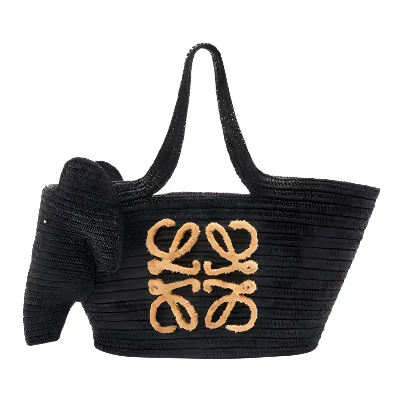 LOEWE Basket Raffia Fiber Cow Leather Basket Bag Straw Bag Handbag Unisex Black