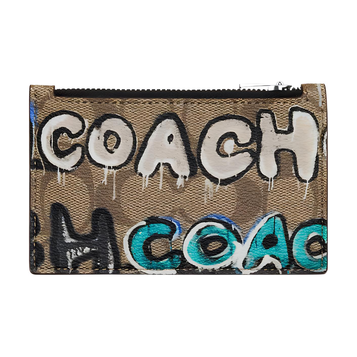 COACH Mint+Serf Zip Card Case Collaboration Canvas With Leather Clutch Wallet Card Holder Women's Khaki