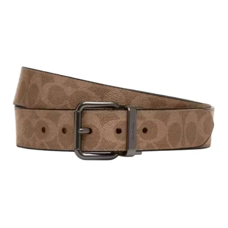 COACH PVC Artificial Leather Belts Men's Tan/Charcoal Gray Width 3.8cm