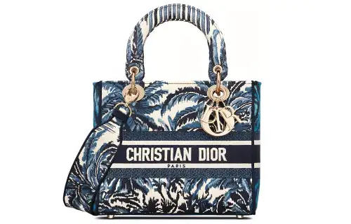 DIOR Lady Dior Embroidery Handbag One Shoulder Handbag Medium Women's Blue