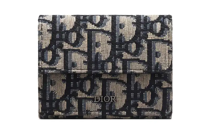 DIOR Cow Leather Card Holder, Wallet Women's Beige/Black