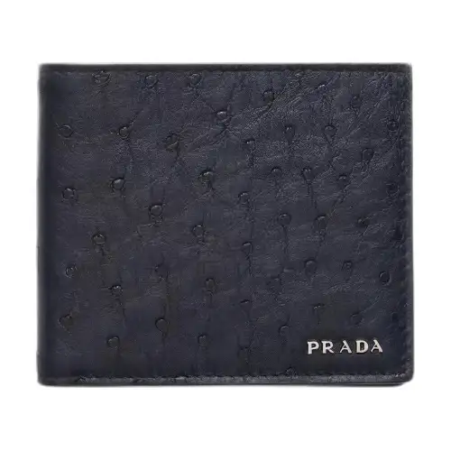 PRADA Exotic Leather With Ostrich Leather Wallet Men's Blue Black