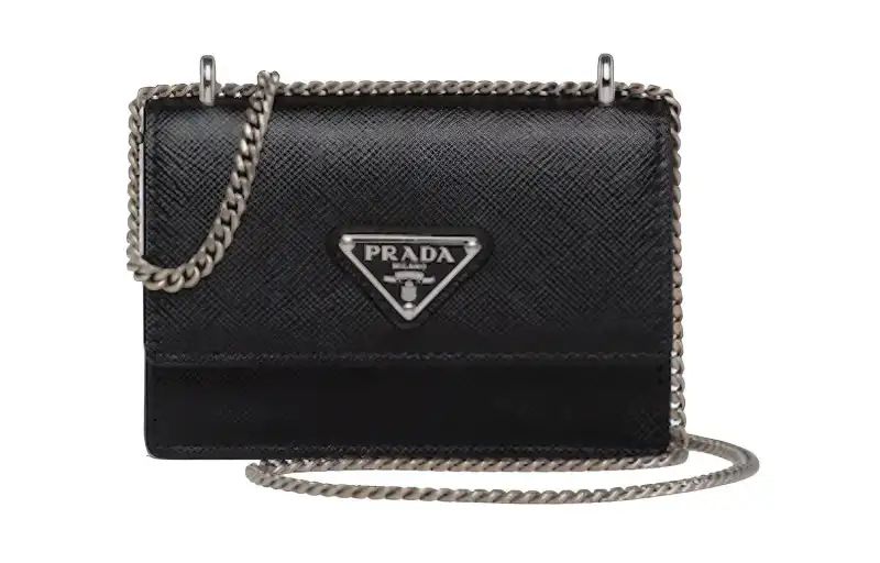PRADA Saffiano Chain Saffiano Leather Wallet Card Holder Card Holder Women's Black