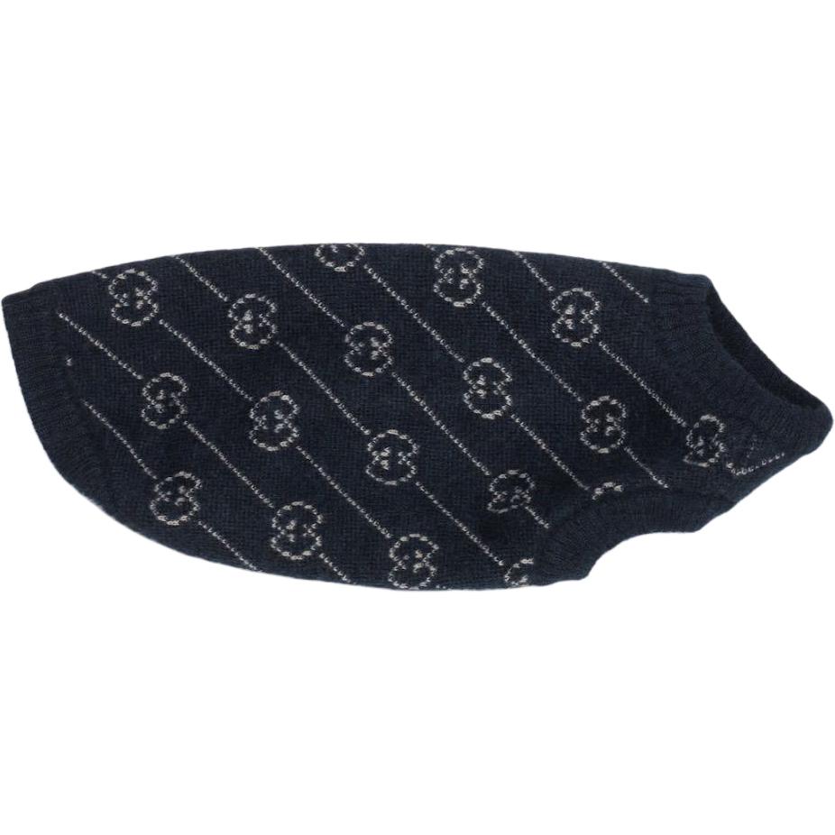 GUCCI /Gucci Pet Clothing Wool and Cashmere Sweater Twill Pattern Blue Blended Knit Rib Piping Interlocking Double G Patch