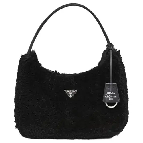 PRADA Re Edition Zip Closure Shearling Shoulder Bag Women's Black