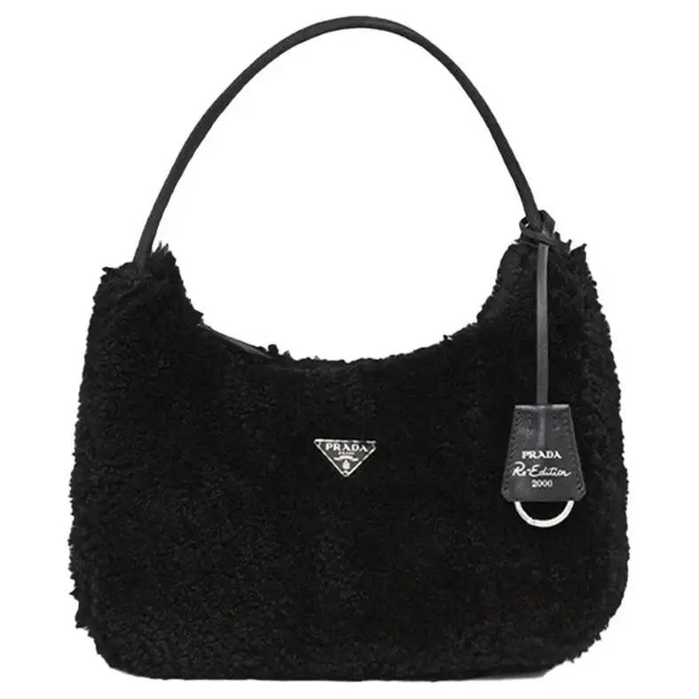 PRADA Re Edition Zip Closure Shearling Shoulder Bag Women's Black