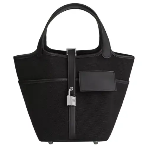 HERMES Picotin Lock Goeland Canvas With Swift Calfskin Basket Bag, Bucket Bag, Handbag 18 Women's 3Y Caban Black Tweed