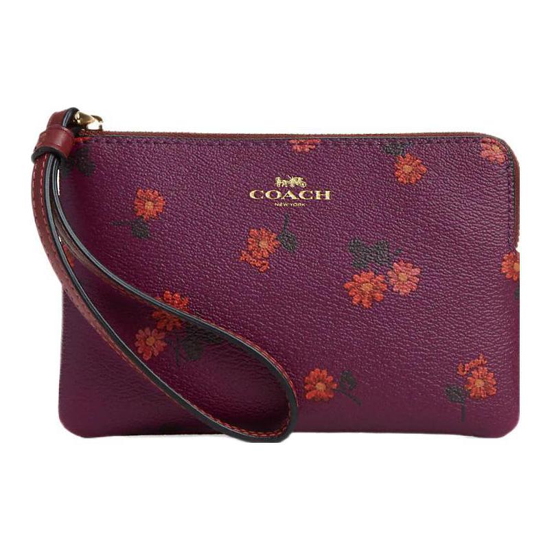 COACH Coach Corner Zip Wristlet 16 Logo Logo Country Floral Print Corner Card Slot Zipper Closure Coated Canvas and Leather Wristlet Clutch Small Women's Dark Raspberry