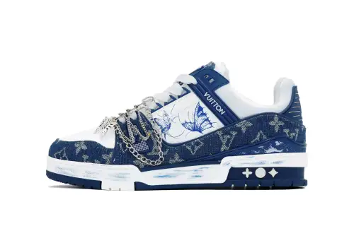 LOUIS VUITTON Trainer Powerful Wave, Dancing Butterfly Denim, Leather Low top Skateboard Shoes Unisex Blue White