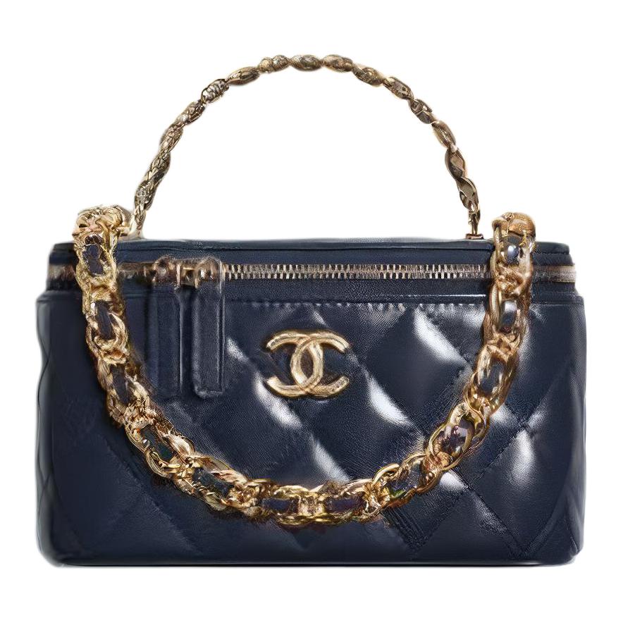 CHANEL Oil Wax Sheepskin Box Makeup Bag, Shoulder Bag, Crossbody Bag, Handbag Women's Dark Blue