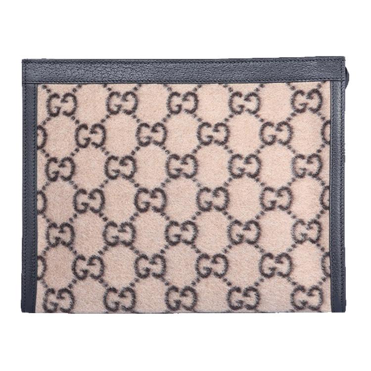 GUCCI Wool Patchwork Leather Clutch Unisex Beige/Black