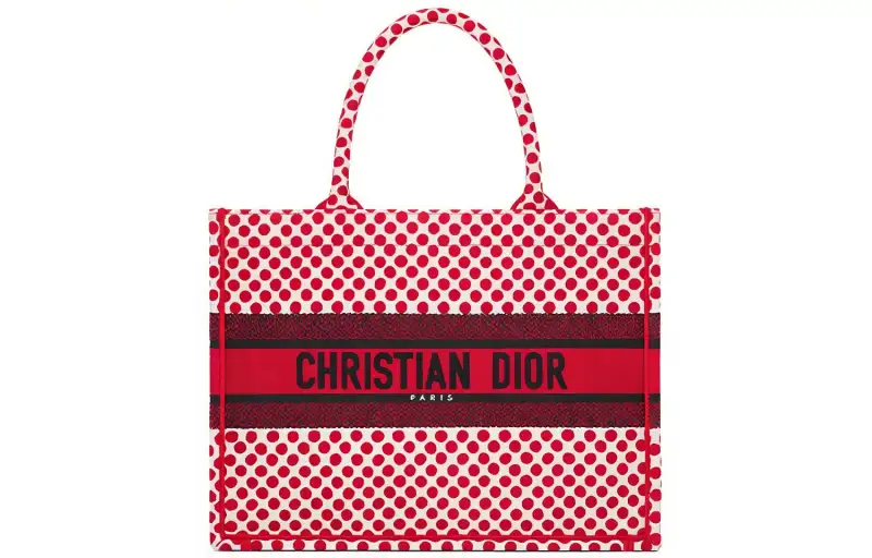 DIOR BookTote Embroidery Tote Handbag Small Women's Red