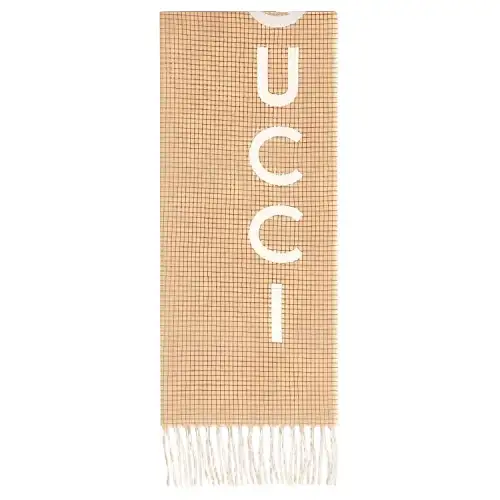 GUCCI Wool Cashmere Knit Scarves Unisex Brown