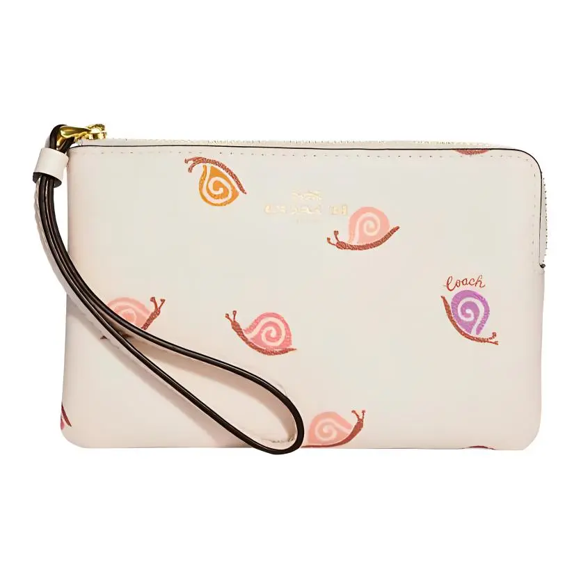 COACH Corner Zip Smooth Leather With Coated Canvas Wrist Bag Clutch Women's Chalk White