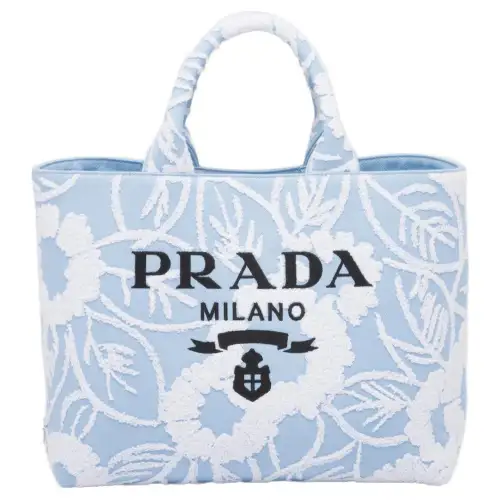 PRADA Fabric With Leather Accents Tote Bag, Shopping Bag, Handbag Women's Blue White Multicolor