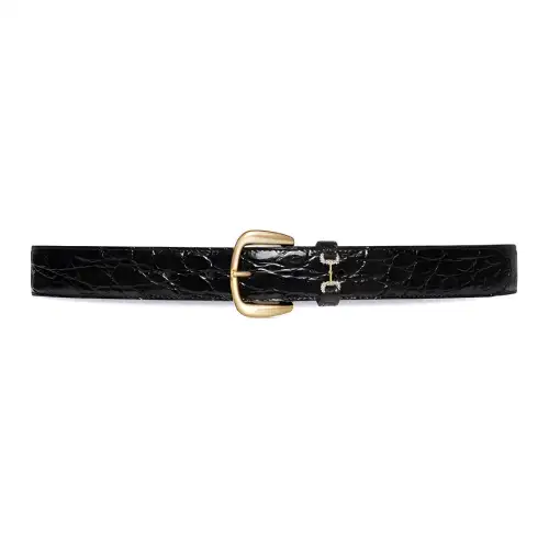 GUCCI Horsebit Crocodile Leather Belts Women's Black Width 3cm