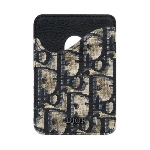DIOR Oblique Printed Fabric Grain Cow Leather Card Holder Men's Beige & Black
